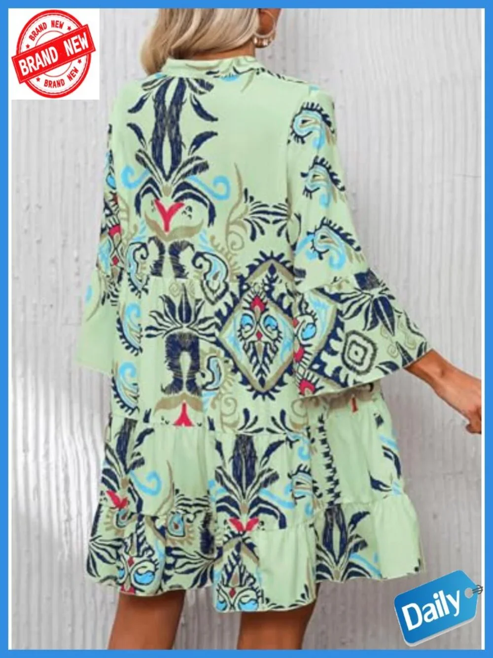 Flowy Ruffle 3/4 Sleeve V Neck Tiered Casual Babydoll Boho Beach Mini Dress